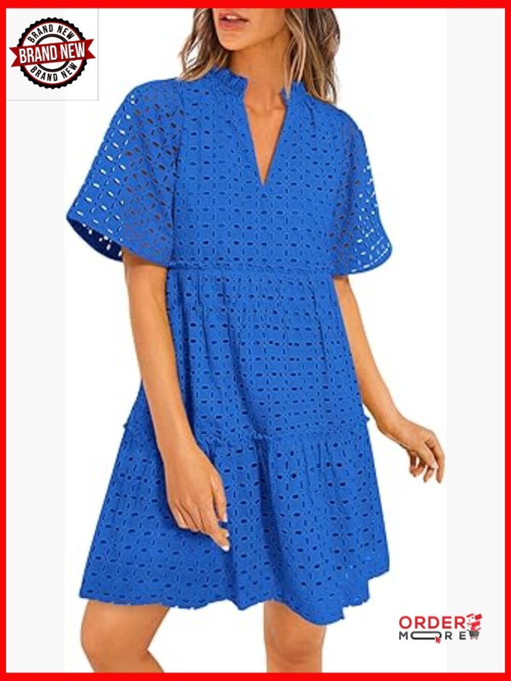 Eyelet Mini Dress V Neck Short Sleeve Ruffle A-Line Beach Boho Casual